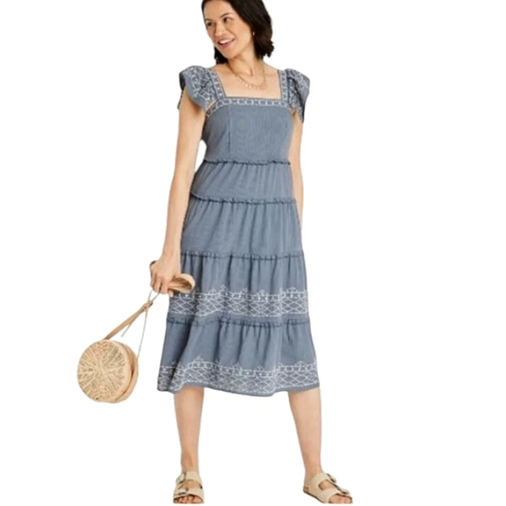 Knox Rose Blue Embroidered Tiered Midi Dress Flutter Sleeves & Pockets Small